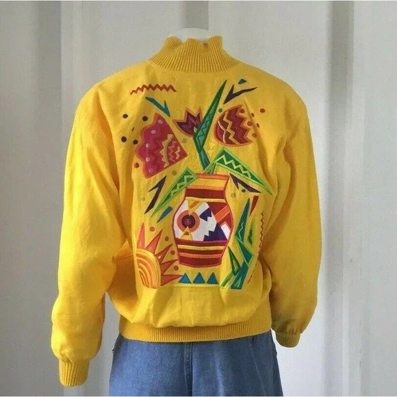 Vintage Floral Embroidered Jacket L Yellow Art to Wear Southwestern Flower - Picture 10 of 10